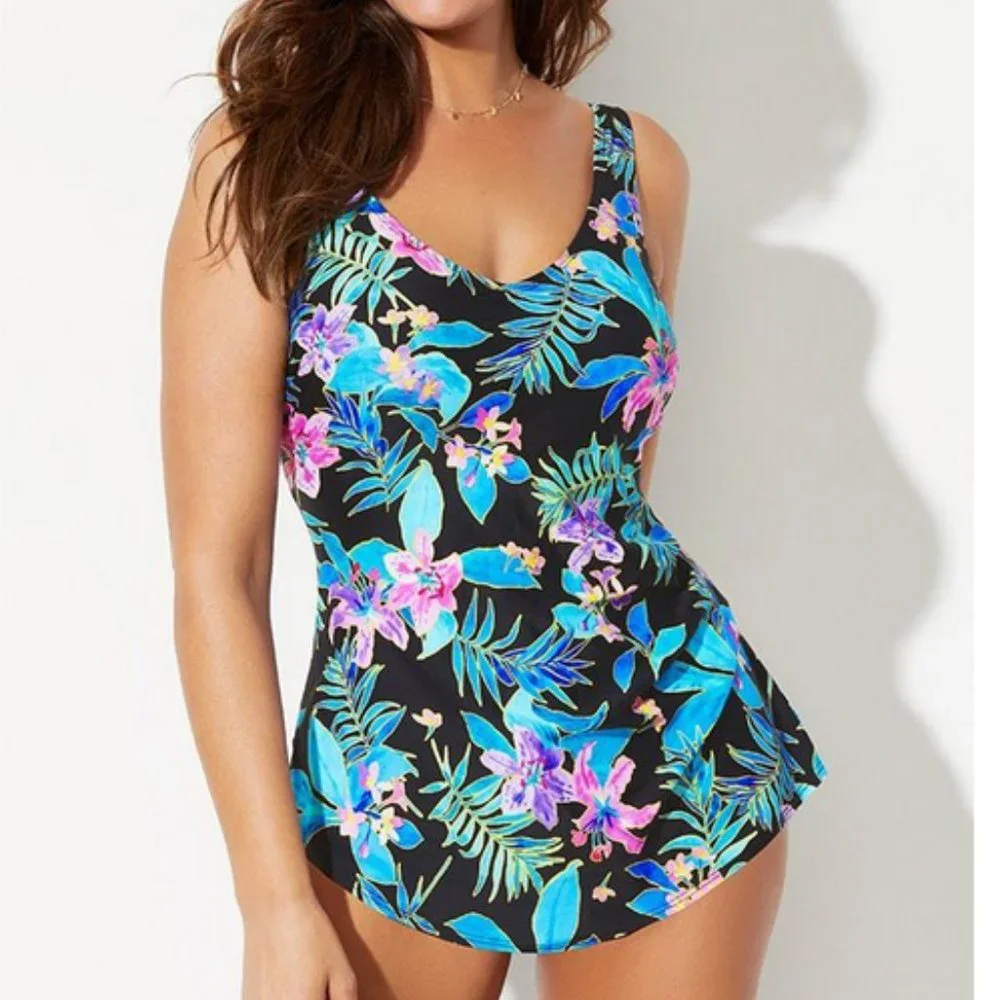 Nwt Swimsuits For All sarong Front One Piece Floral vintage look